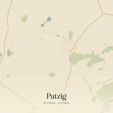 Patzig 'in klasik duvar sanat haritası, Mecklenburg-Vorpommern, Almanya' da. Ormanlar, yollar, şehirler, göller ve nehirlerle ilgili hava planı.