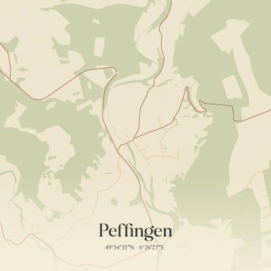 Rheinland-Pfalz, Almanya 'da bulunan Peffingen' in klasik duvar sanat haritası. Ormanlar, yollar, şehirler, göller ve nehirlerle ilgili hava planı.