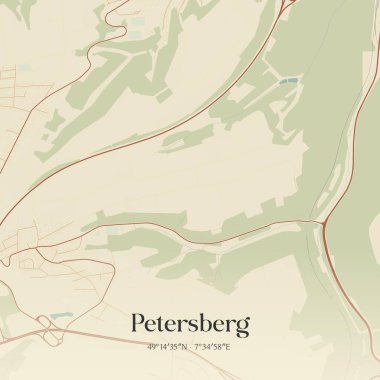 Petersberg 'in klasik duvar sanat haritası, Rheinland-Pfalz, Almanya' da. Ormanlar, yollar, şehirler, göller ve nehirlerle ilgili hava planı.