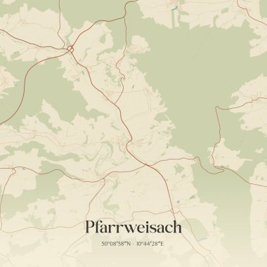 Vintage wall art map of Pfarrweisach, located in Bayern, Germany. Aerial plan with forests, roads, cities, lakes and rivers. clipart