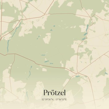 Protzel 'in klasik duvar sanat haritası, Brandenburg, Almanya' da. Ormanlar, yollar, şehirler, göller ve nehirlerle ilgili hava planı.