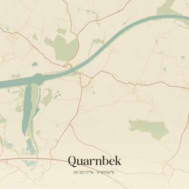 Quarnbek 'in Almanya' nın kuzeyinde bulunan klasik duvar sanat haritası. Ormanlar, yollar, şehirler, göller ve nehirlerle ilgili hava planı.