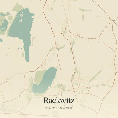 Almanya 'nın Sachsen şehrinde bulunan Rackwitz' in klasik duvar sanat haritası. Ormanlar, yollar, şehirler, göller ve nehirlerle ilgili hava planı.