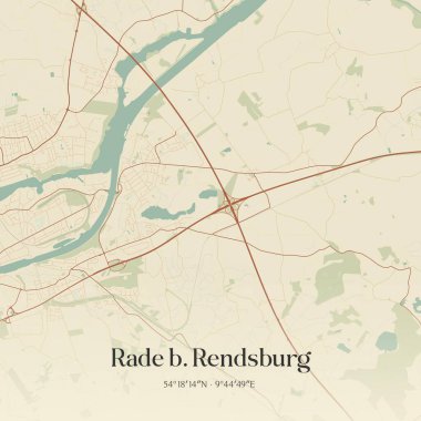 Vintage wall art map of Rade b. Rendsburg, located in Schleswig-Holstein, Germany. Aerial plan with forests, roads, cities, lakes and rivers. clipart