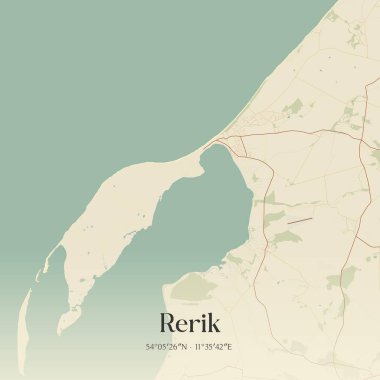 Vintage wall art map of Rerik, located in Mecklenburg-Vorpommern, Germany. Aerial plan with forests, roads, cities, lakes and rivers. clipart