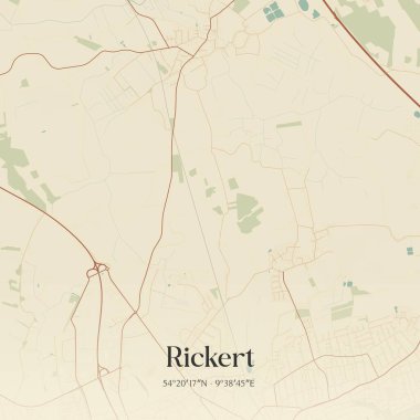 Almanya 'nın kuzeyinde Schleswig-Holstein eyâletinde bulunan Rickert' in klasik duvar haritası. Ormanlar, yollar, şehirler, göller ve nehirlerle ilgili hava planı.