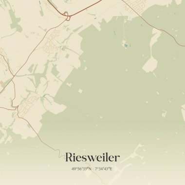 Riesweiler 'ın klasik duvar sanat haritası, Rheinland-Pfalz, Almanya' da. Ormanlar, yollar, şehirler, göller ve nehirlerle ilgili hava planı.