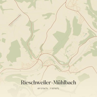 Vintage wall art map of Rieschweiler-Muhlbach, located in Rheinland-Pfalz, Germany. Aerial plan with forests, roads, cities, lakes and rivers. clipart