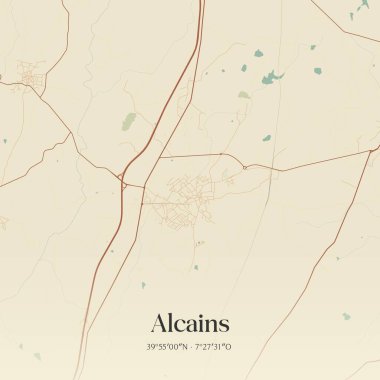 Portekiz, Castelo Branco 'da bulunan Alcains' in klasik duvar sanat haritası. Ormanlar, yollar, şehirler, göller ve nehirlerle ilgili hava planı.