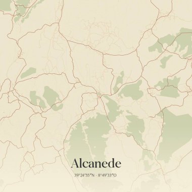 Santarem, Portekiz 'de bulunan Alcanede' nin klasik duvar sanat haritası. Ormanlar, yollar, şehirler, göller ve nehirlerle ilgili hava planı.