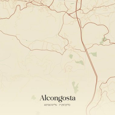 Portekiz, Fundao 'da bulunan Alcongosta' nın klasik duvar sanat haritası. Ormanlar, yollar, şehirler, göller ve nehirlerle ilgili hava planı.