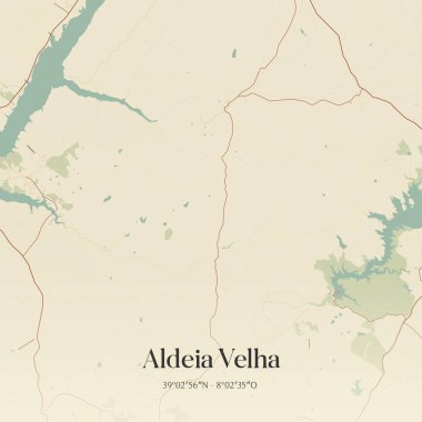 Portekiz, Avis 'te bulunan Aldeia Velha' nın klasik duvar sanat haritası. Ormanlar, yollar, şehirler, göller ve nehirlerle ilgili hava planı.