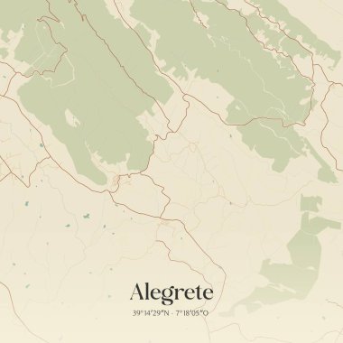 Portalegre, Portekiz 'de bulunan Alegrete' in klasik duvar sanat haritası. Ormanlar, yollar, şehirler, göller ve nehirlerle ilgili hava planı.