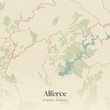 Monchique, Portekiz 'de bulunan Alferce' nin klasik duvar sanat haritası. Ormanlar, yollar, şehirler, göller ve nehirlerle ilgili hava planı.