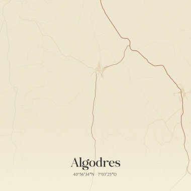 Portekiz 'in Figueira de Castelo Rodrigo şehrinde bulunan Algodres' in klasik duvar sanat haritası. Ormanlar, yollar, şehirler, göller ve nehirlerle ilgili hava planı.