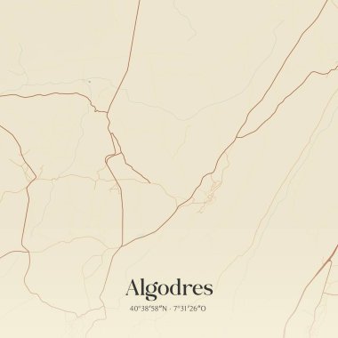 Portekiz 'in Fornos de Algodres şehrinde bulunan Algodres' in klasik duvar sanat haritası. Ormanlar, yollar, şehirler, göller ve nehirlerle ilgili hava planı.