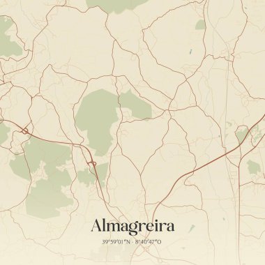 Portekiz, Pombal 'da bulunan Almagreira' nın klasik duvar sanat haritası. Ormanlar, yollar, şehirler, göller ve nehirlerle ilgili hava planı.