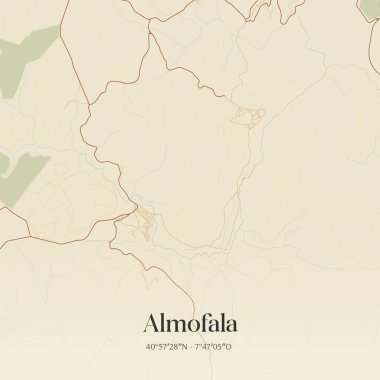 Portekiz, Castro Daire 'de bulunan Almofala' nın klasik duvar sanat haritası. Ormanlar, yollar, şehirler, göller ve nehirlerle ilgili hava planı.