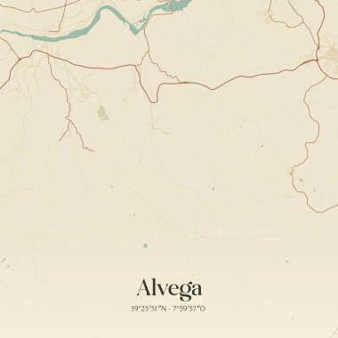 Portekiz, Abrantes 'te bulunan Alvega' nın klasik duvar sanat haritası. Ormanlar, yollar, şehirler, göller ve nehirlerle ilgili hava planı.