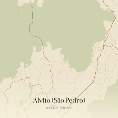 Portekiz 'in Barcelos şehrinde bulunan Alvito' nun (Sao Pedro) klasik duvar sanat haritası. Ormanlar, yollar, şehirler, göller ve nehirlerle ilgili hava planı.