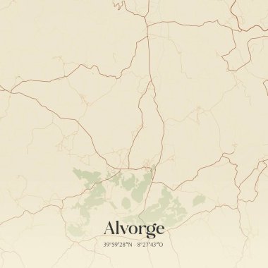 Portekiz, Ansiao 'da bulunan Alvorge' un klasik duvar sanat haritası. Ormanlar, yollar, şehirler, göller ve nehirlerle ilgili hava planı.