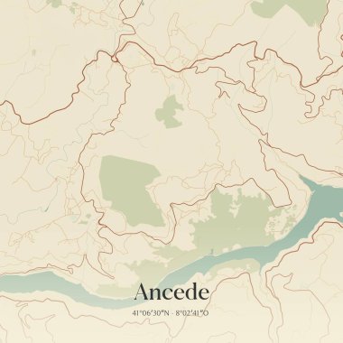 Portekiz, Baiao 'da bulunan Ancea' nın klasik duvar sanat haritası. Ormanlar, yollar, şehirler, göller ve nehirlerle ilgili hava planı.