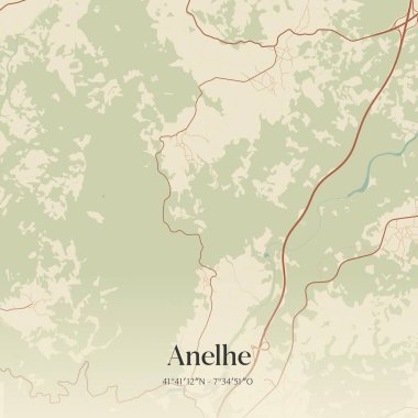 Portekiz, Chaves 'te bulunan Anelhe' nin klasik duvar sanat haritası. Ormanlar, yollar, şehirler, göller ve nehirlerle ilgili hava planı.