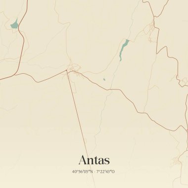 Vintage wall art map of Antas, located in Penedono, Portugal. Aerial plan with forests, roads, cities, lakes and rivers. clipart