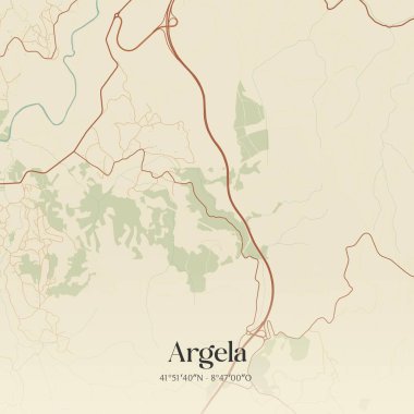 Argela 'nın klasik duvar sanat haritası, Caminha, Portekiz' de. Ormanlar, yollar, şehirler, göller ve nehirlerle ilgili hava planı.