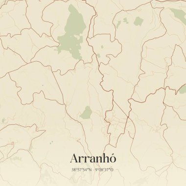 Arranho 'nun klasik duvar sanat haritası, Arruda dos Vinhos, Portekiz' de. Ormanlar, yollar, şehirler, göller ve nehirlerle ilgili hava planı.