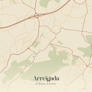 Portekiz, Pacos de Ferreira 'da bulunan Arreigada' nın klasik duvar sanat haritası. Ormanlar, yollar, şehirler, göller ve nehirlerle ilgili hava planı.