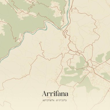 Vintage wall art map of Arrifana, located in Vila Nova de Poiares, Portugal. Aerial plan with forests, roads, cities, lakes and rivers. clipart