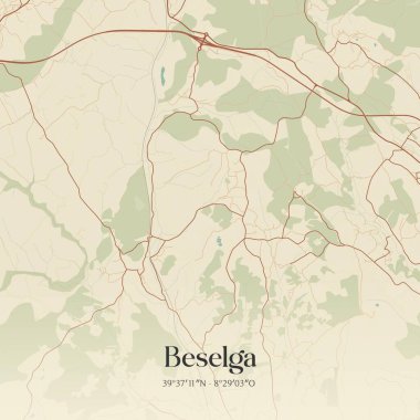 Portekiz, Tomar 'da bulunan Beselga' nın klasik duvar sanat haritası. Ormanlar, yollar, şehirler, göller ve nehirlerle ilgili hava planı.