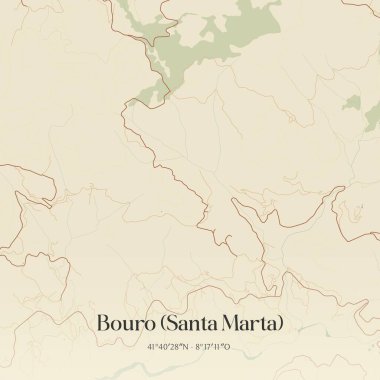 Vintage wall art map of Bouro (Santa Marta), located in Amares, Portugal. Aerial plan with forests, roads, cities, lakes and rivers. clipart