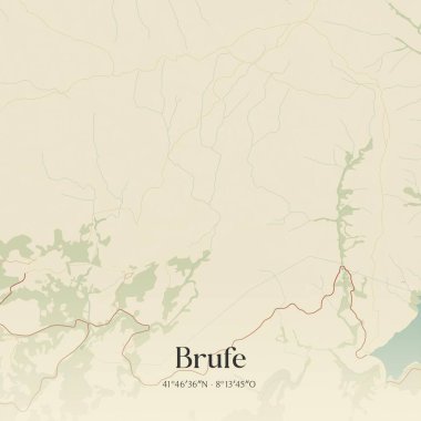 Portekiz, Terras de Bouro 'da bulunan Brufe' un klasik duvar sanat haritası. Ormanlar, yollar, şehirler, göller ve nehirlerle ilgili hava planı.