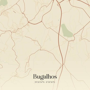 Portekiz, Alcanena 'da bulunan Bugalhos' un klasik duvar sanat haritası. Ormanlar, yollar, şehirler, göller ve nehirlerle ilgili hava planı.