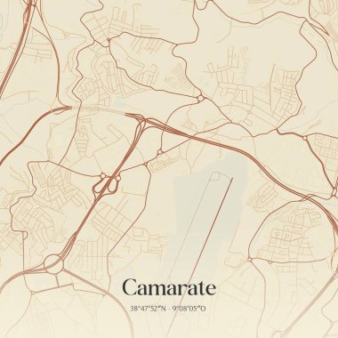 Camarate 'nin klasik duvar sanat haritası, Loures, Portekiz' de. Ormanlar, yollar, şehirler, göller ve nehirlerle ilgili hava planı.