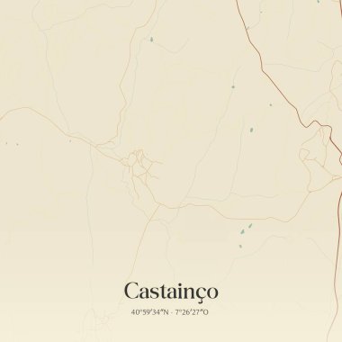 Vintage wall art map of Castainco, located in Penedono, Portugal. Aerial plan with forests, roads, cities, lakes and rivers. clipart