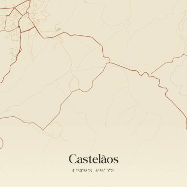 Vintage wall art map of Castelaos, located in Macedo de Cavaleiros, Portugal. Aerial plan with forests, roads, cities, lakes and rivers. clipart