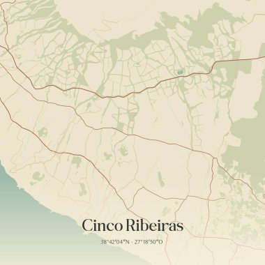 Vintage wall art map of Cinco Ribeiras, located in Angra do Herosmo, Portugal. Aerial plan with forests, roads, cities, lakes and rivers. clipart