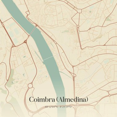 Coimbra 'nın (Almedina) klasik duvar sanat haritası, Coimbra, Portekiz' de yer almaktadır. Ormanlar, yollar, şehirler, göller ve nehirlerle ilgili hava planı.