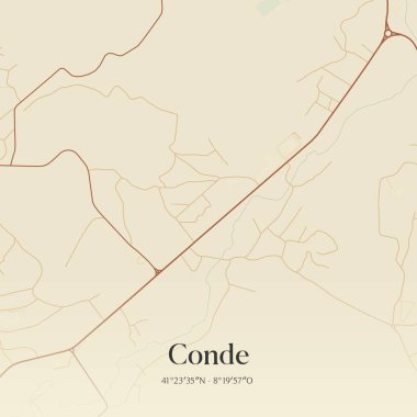 Conde 'nin klasik duvar haritası, Guimaraes, Portekiz' de. Ormanlar, yollar, şehirler, göller ve nehirlerle ilgili hava planı.