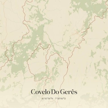 Vintage wall art map of Covelo Do Geres, located in Montalegre, Portugal. Aerial plan with forests, roads, cities, lakes and rivers. clipart