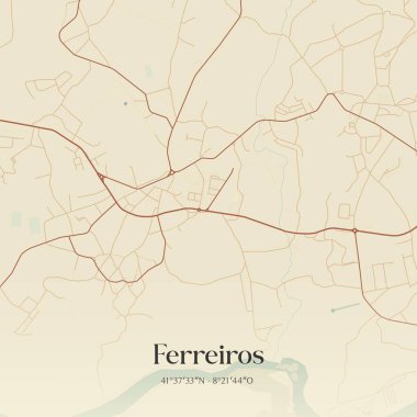 Vintage wall art map of Ferreiros, located in Amares, Portugal. Aerial plan with forests, roads, cities, lakes and rivers. clipart