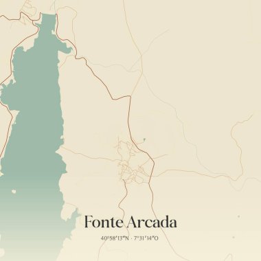 Vintage wall art map of Fonte Arcada, located in Sernancelhe, Portugal. Aerial plan with forests, roads, cities, lakes and rivers. clipart