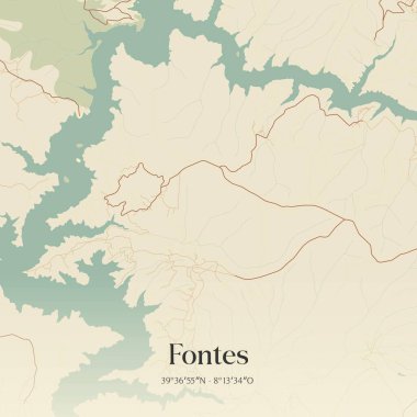 Vintage wall art map of Fontes, located in Abrantes, Portugal. Aerial plan with forests, roads, cities, lakes and rivers. clipart