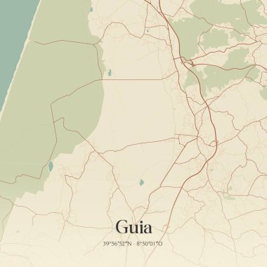 Vintage wall art map of Guia, located in Pombal, Portugal. Aerial plan with forests, roads, cities, lakes and rivers. clipart