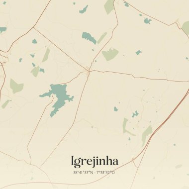 Vintage wall art map of Igrejinha, located in Arraiolos, Portugal. Aerial plan with forests, roads, cities, lakes and rivers. clipart