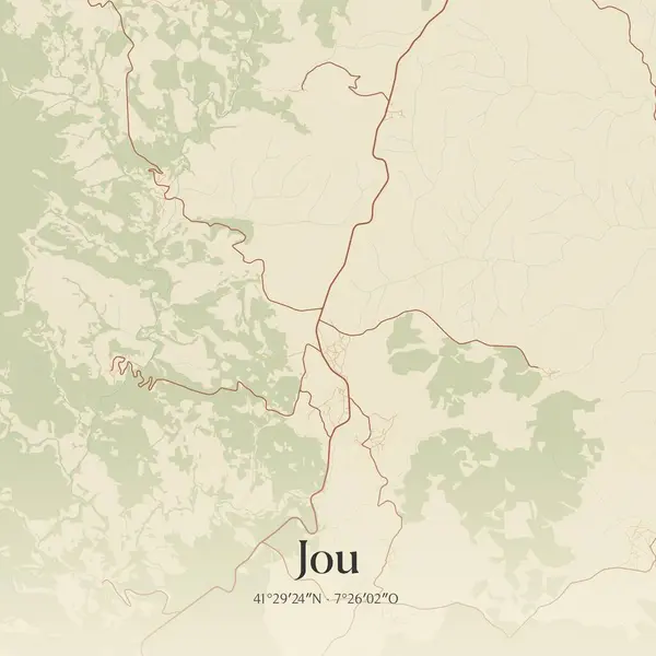 Portekiz, Murca 'da bulunan Jou' nun klasik duvar sanat haritası. Ormanlar, yollar, şehirler, göller ve nehirlerle ilgili hava planı.