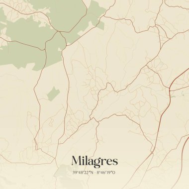 Milagres 'in klasik duvar haritası, Leiria, Portekiz' de. Ormanlar, yollar, şehirler, göller ve nehirlerle ilgili hava planı.